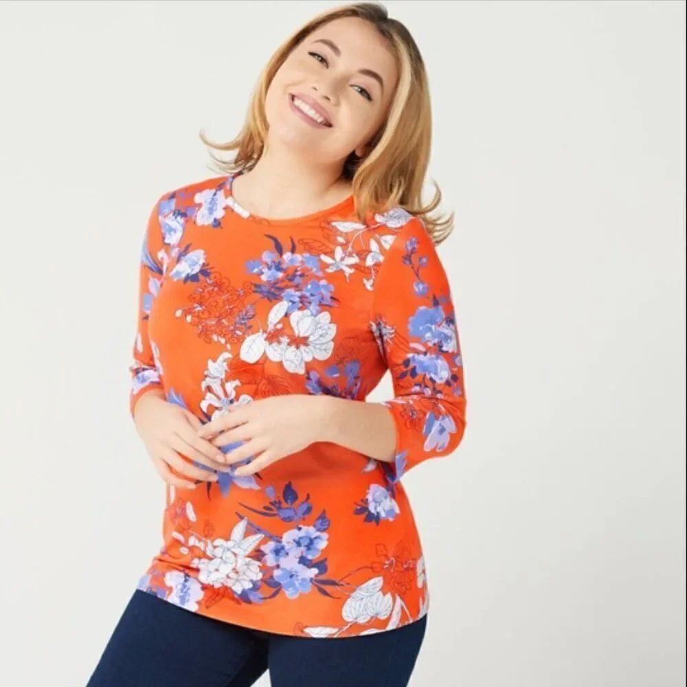 New Denim & Co. Floral Print Round-Neck 3/4-Sleeve Top in Tigerlily | Size M
